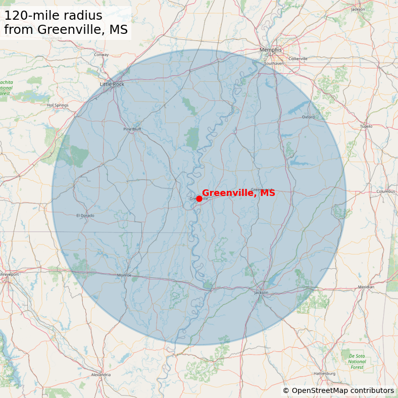 Service radius map centered on Greenville, Mississippi.